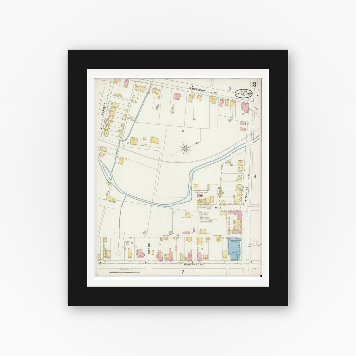 Old map wall art mockup — black gallery frame with white mat — Sanborn Fire Insurance Map from Uniontown, Fayette County, Pennsylvania (1896), Sheet #0003