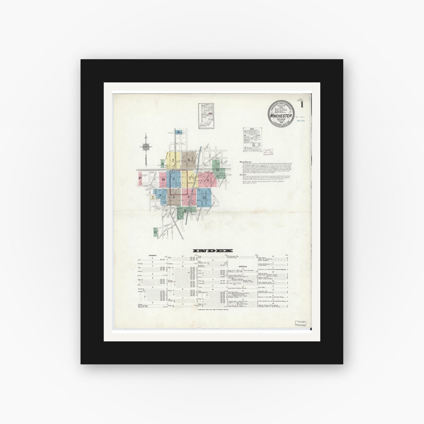 Old map wall art mockup — black gallery frame with white mat — Sanborn Fire Insurance Map from Winchester, Randolph County, Indiana (1914) - Complete Map Set