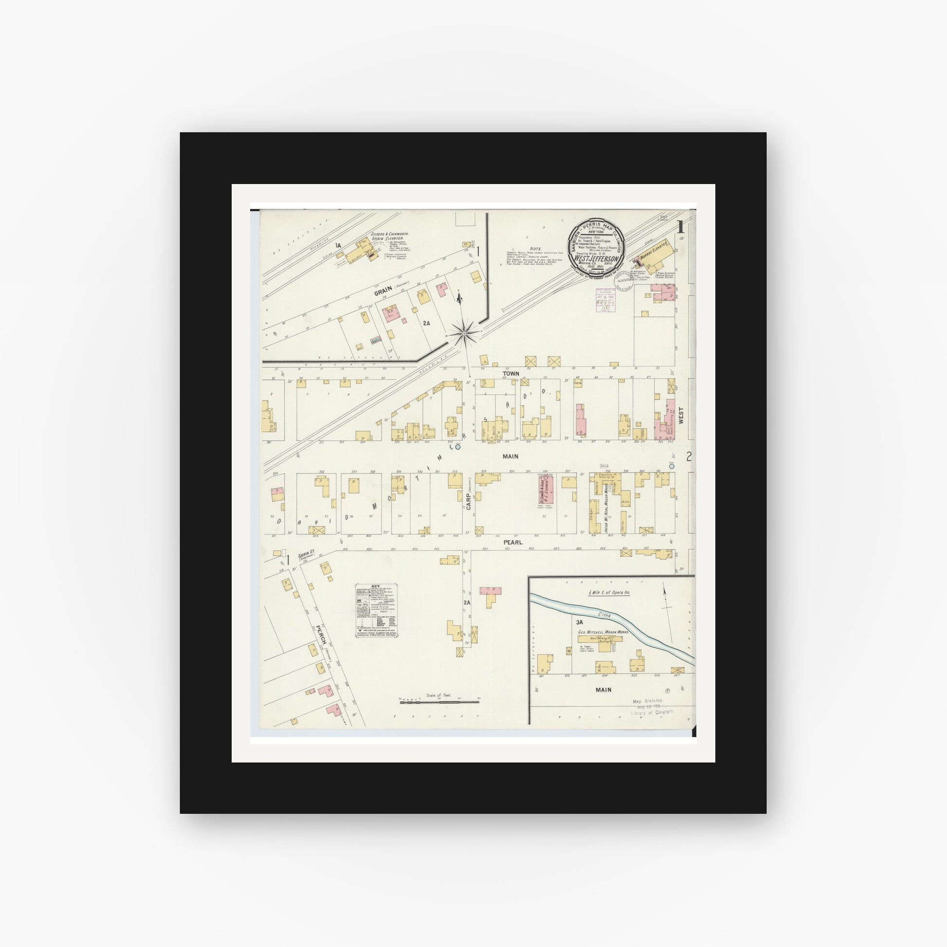 Old map wall art mockup — black gallery frame with white mat — Sanborn Fire Insurance Map from West Jefferson, Madison County, Ohio (1901), Sheet #0001