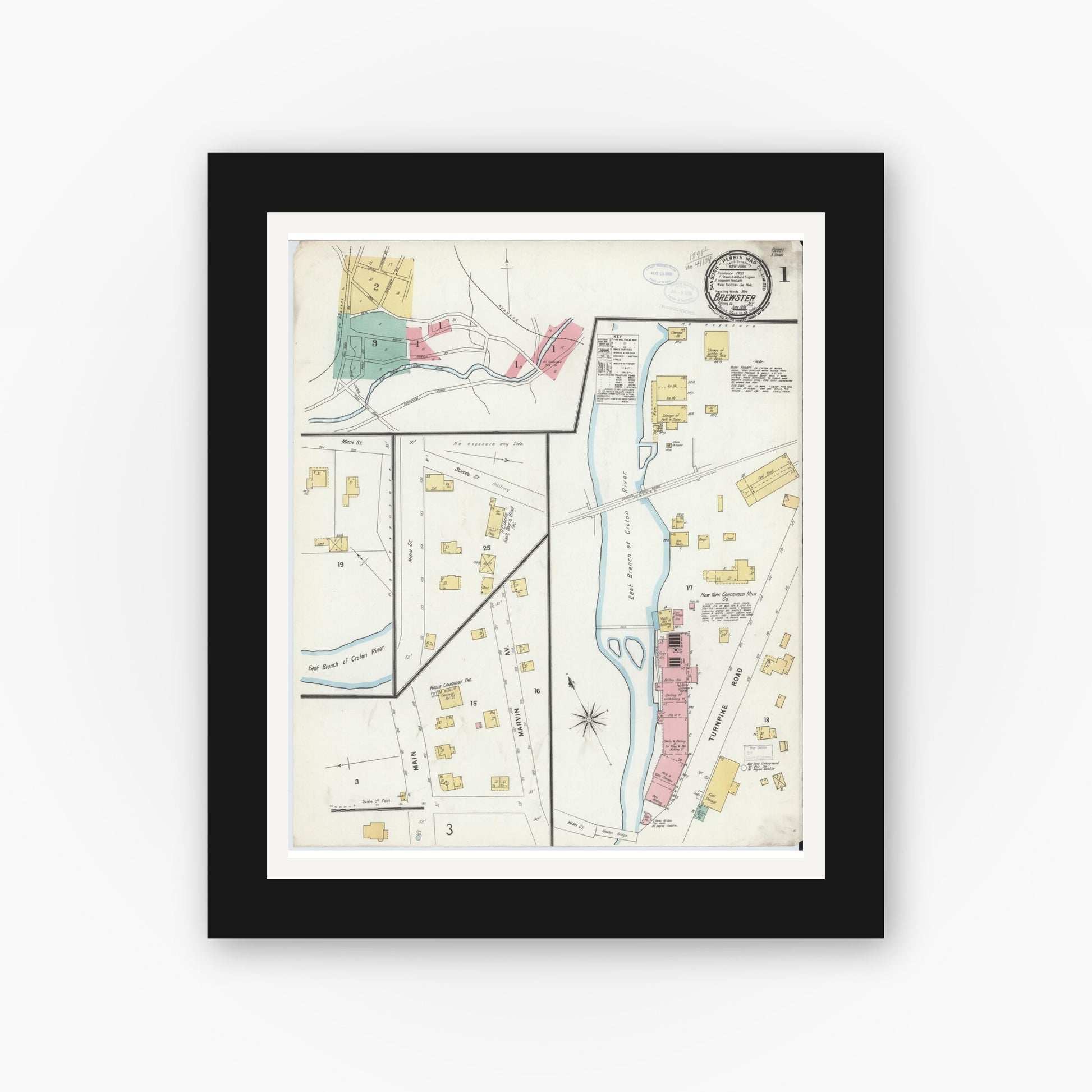 Old map wall art mockup — black gallery frame with white mat — Sanborn Fire Insurance Map from Brewster, Putnam County, New York (1898) - Complete Map Set