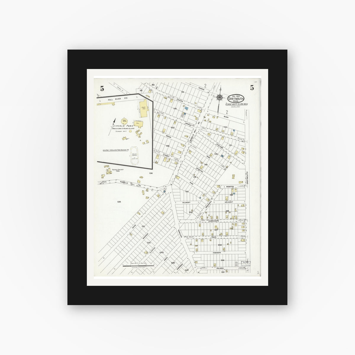 Old map wall art mockup — black gallery frame with white mat — Sanborn Fire Insurance Map from Dartmouth, Bristol County, Massachusetts (1924), Sheet #0005