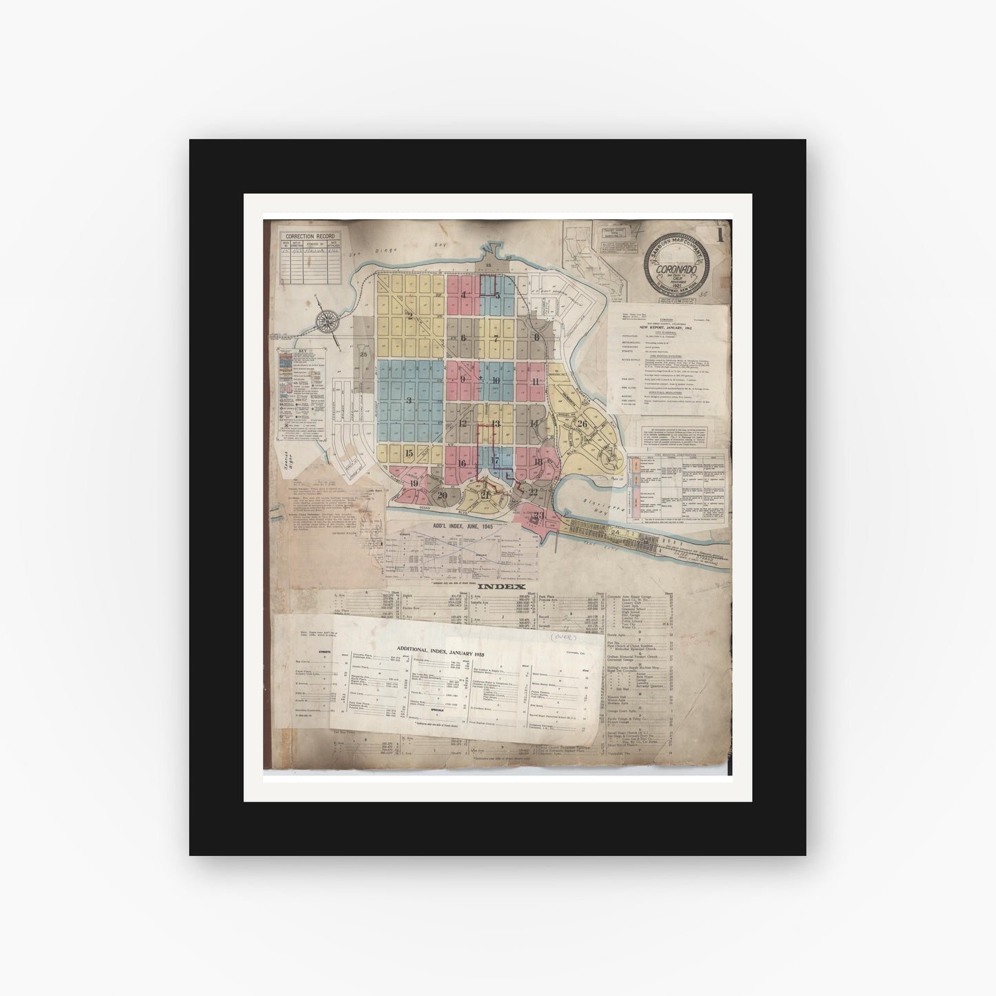 Old map wall art mockup — black gallery frame with white mat — Sanborn Fire Insurance Map from Coronado, San Diego County, California (1962), Sheet #0001