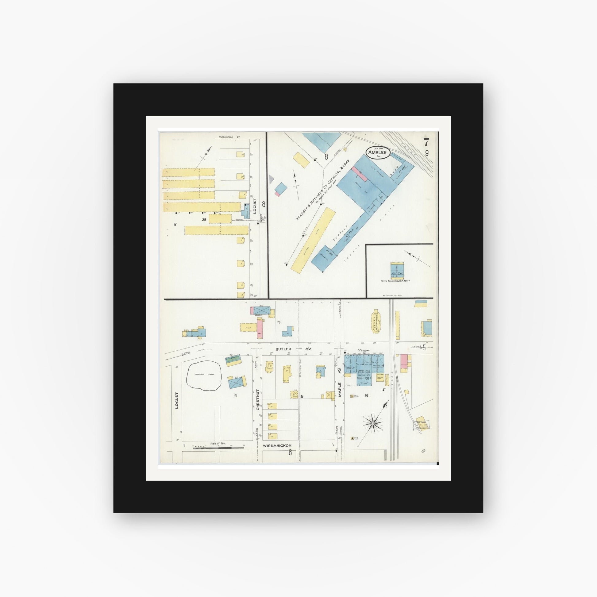 Old map wall art mockup — black gallery frame with white mat — Sanborn Fire Insurance Map from Ambler, Montgomery County, Pennsylvania (1909), Sheet #0007