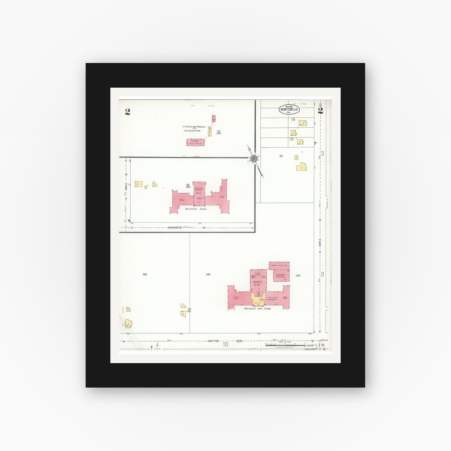 Old map wall art mockup — black gallery frame with white mat — Sanborn Fire Insurance Map from Montebello, Los Angeles County, California (1925), Sheet #0002