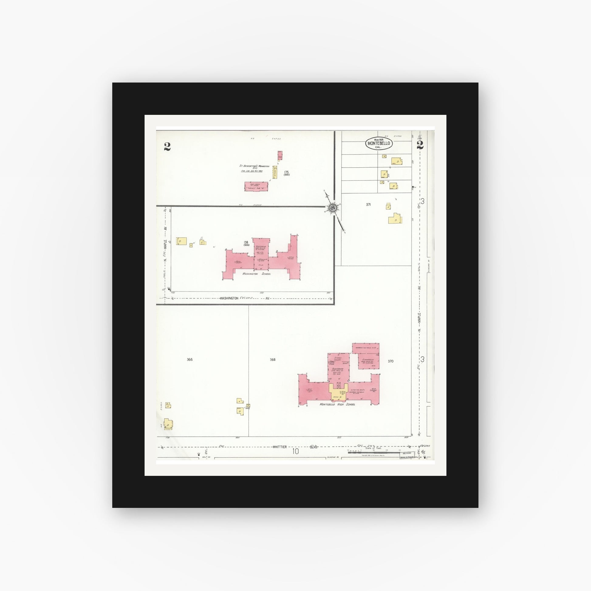 Old map wall art mockup — black gallery frame with white mat — Sanborn Fire Insurance Map from Montebello, Los Angeles County, California (1925), Sheet #0002