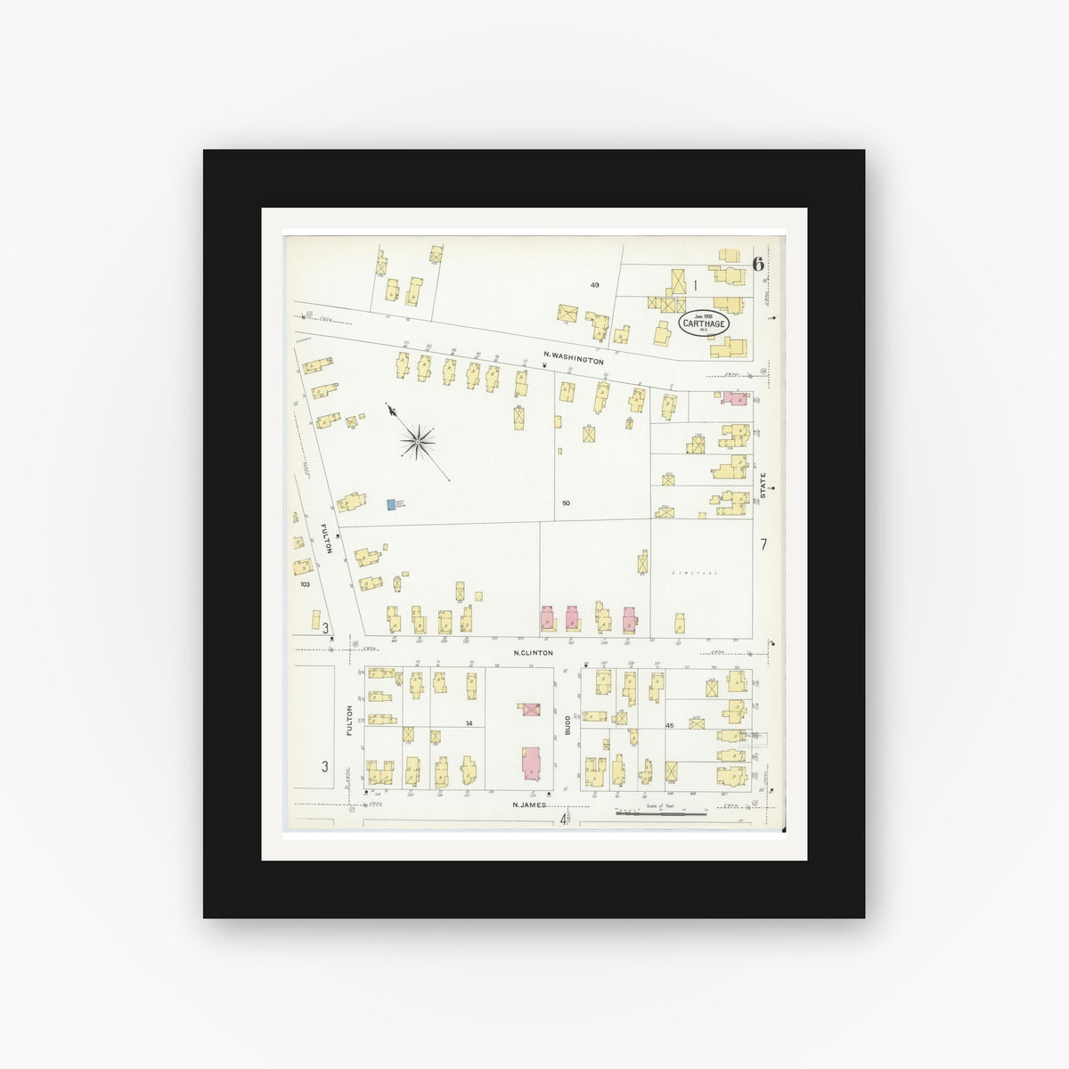 Old map wall art mockup — black gallery frame with white mat — Sanborn Fire Insurance Map from Carthage, Jefferson County, New York (1908), Sheet #0006
