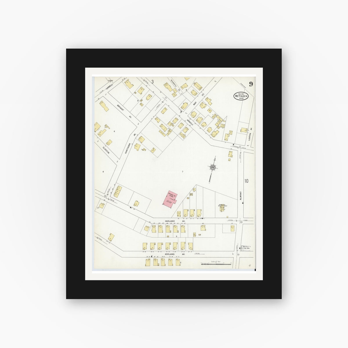 Old map wall art mockup — black gallery frame with white mat — Sanborn Fire Insurance Map from Methuen, Essex County, Massachusetts (1911), Sheet #0009