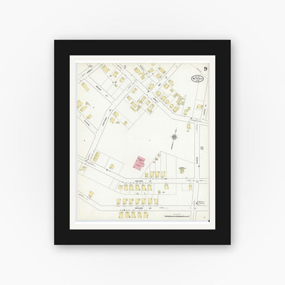 Old map wall art mockup — black gallery frame with white mat — Sanborn Fire Insurance Map from Methuen, Essex County, Massachusetts (1911), Sheet #0009
