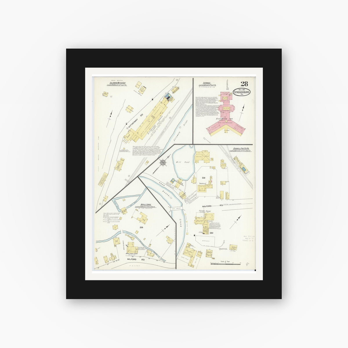 Old map wall art mockup — black gallery frame with white mat — Sanborn Fire Insurance Map from Stroudsburg, Monroe County, Pennsylvania (1912), Sheet #0028