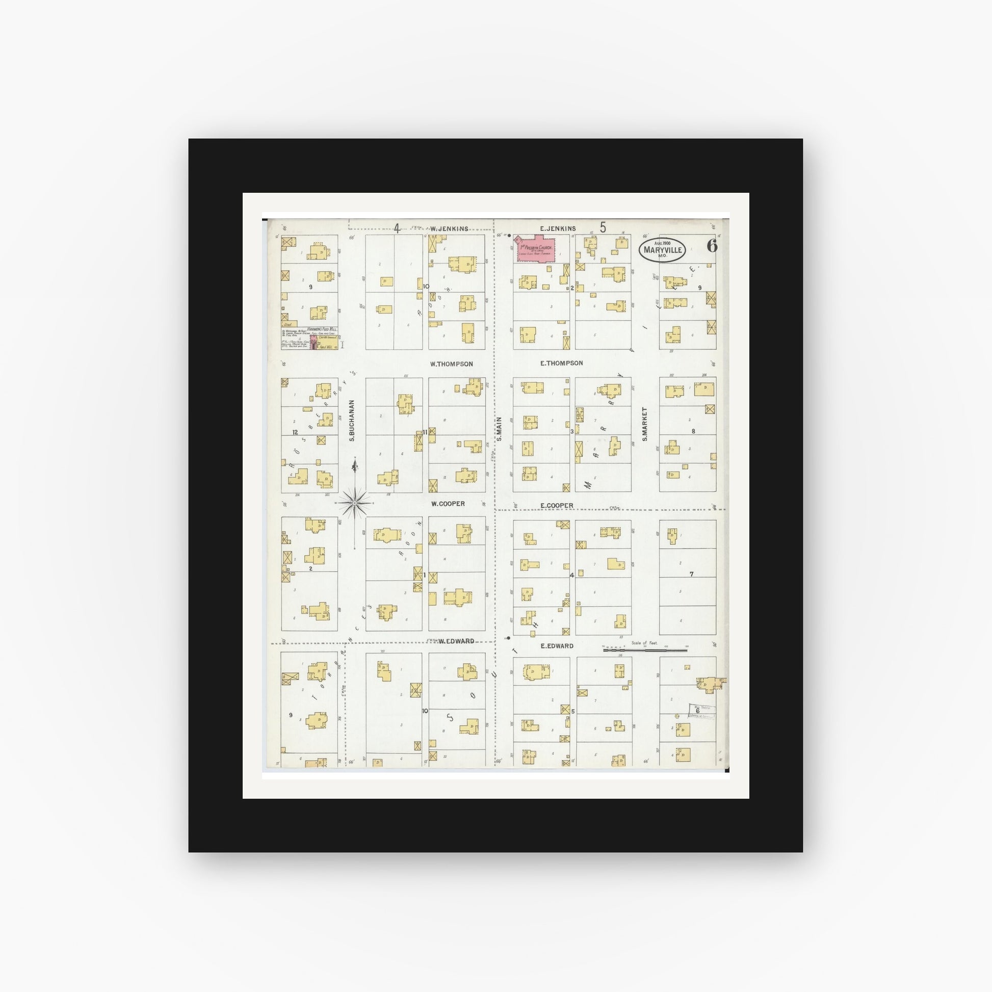 Old map wall art mockup — black gallery frame with white mat — Sanborn Fire Insurance Map from Maryville, Nodaway County, Missouri (1900), Sheet #0006