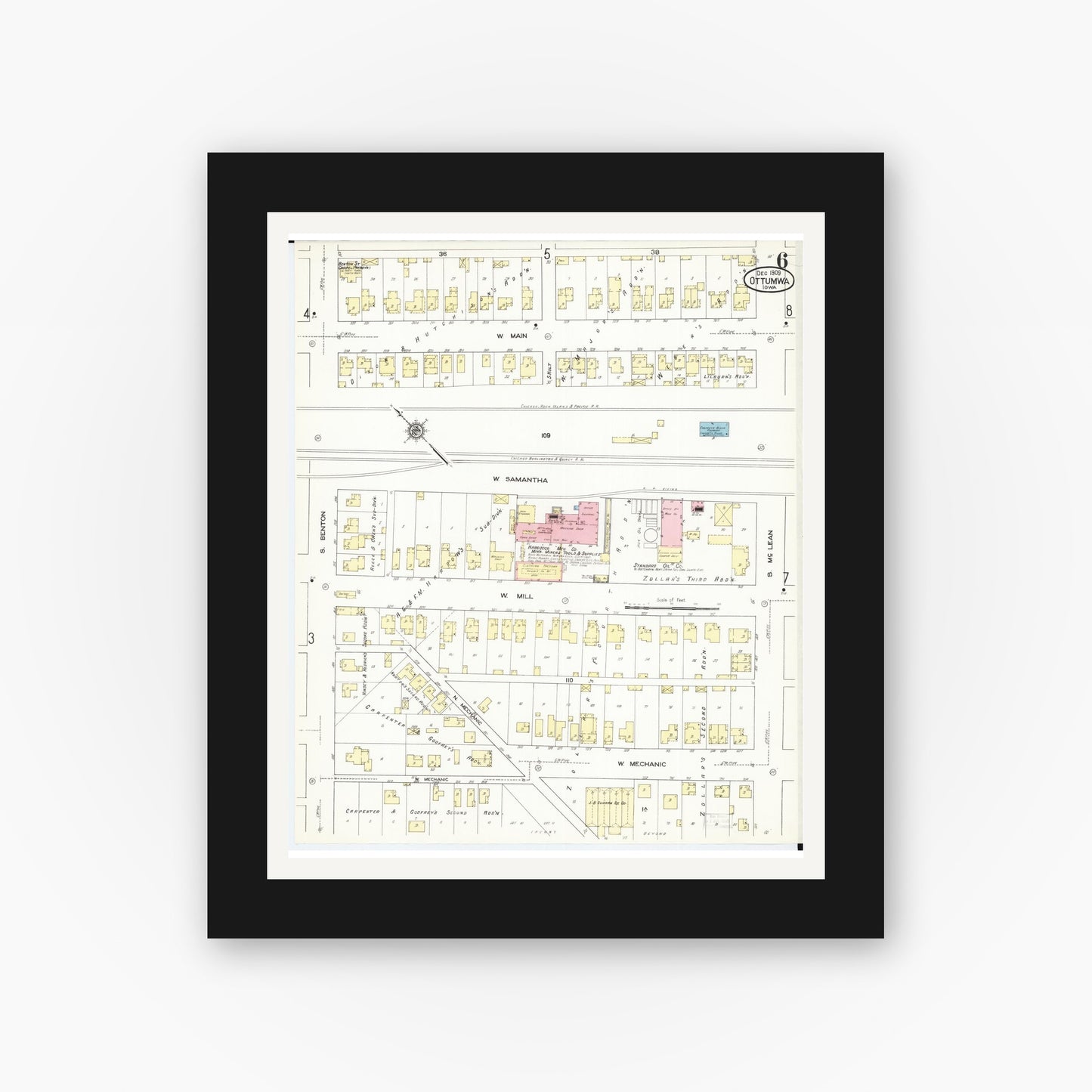 Old map wall art mockup — black gallery frame with white mat — Sanborn Fire Insurance Map from Ottumwa, Wapello County, Iowa (1909), Sheet #0006