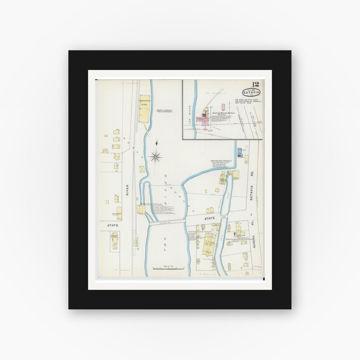 Old map wall art mockup — black gallery frame with white mat — Sanborn Fire Insurance Map from Batavia, Kane County, Illinois (1891), Sheet #0012