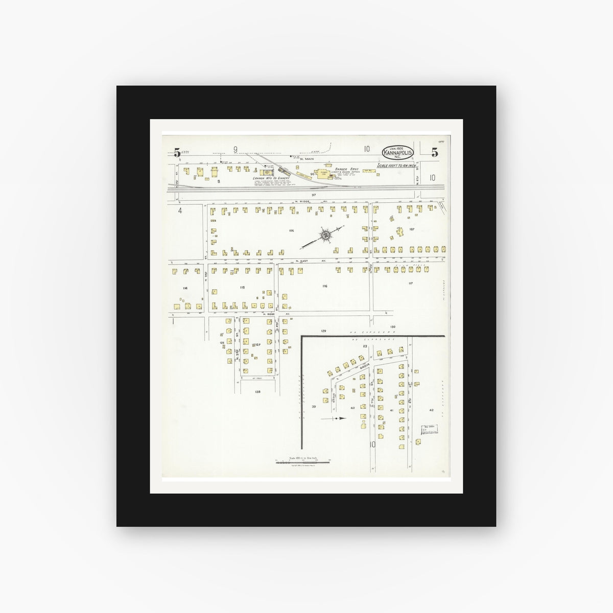 Old map wall art mockup — black gallery frame with white mat — Sanborn Fire Insurance Map from Kannapolis, Rowan And Cabarrus Counties, North Carolina (1926), Sheet #0005