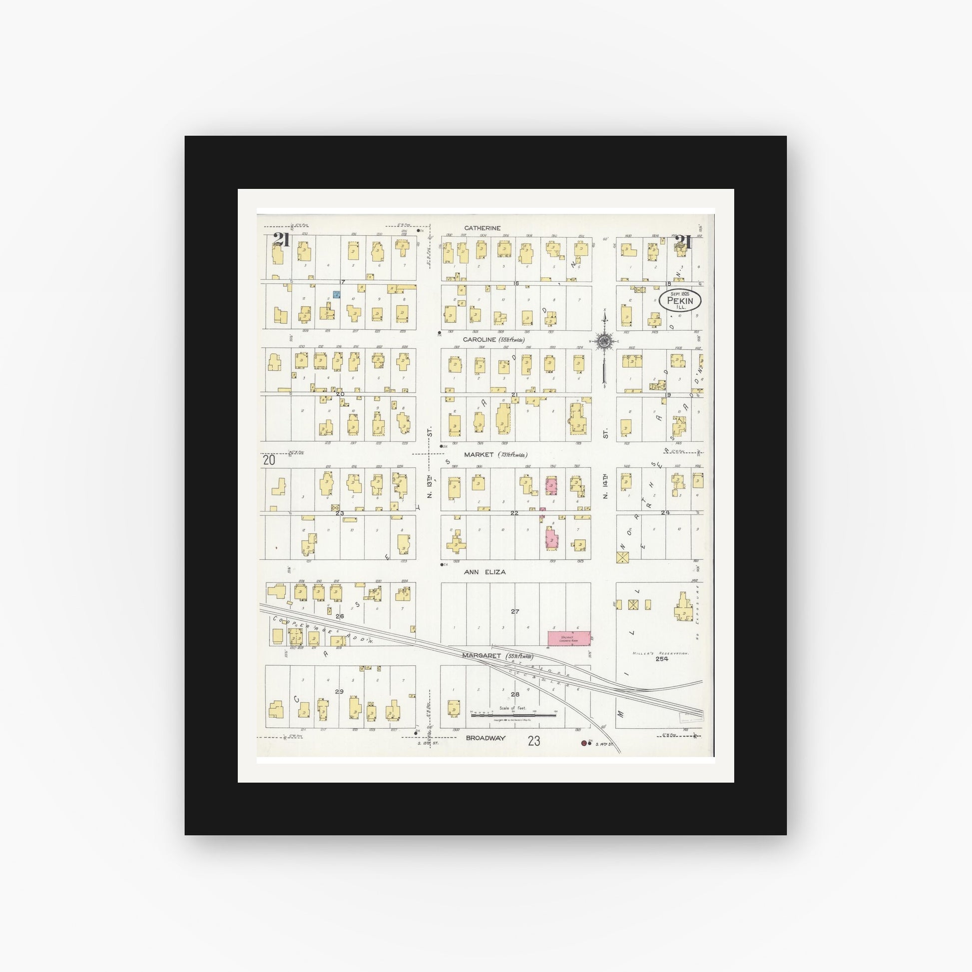 Old map wall art mockup — black gallery frame with white mat — Sanborn Fire Insurance Map from Pekin, Tazewell County, Illinois (1925), Sheet #0021
