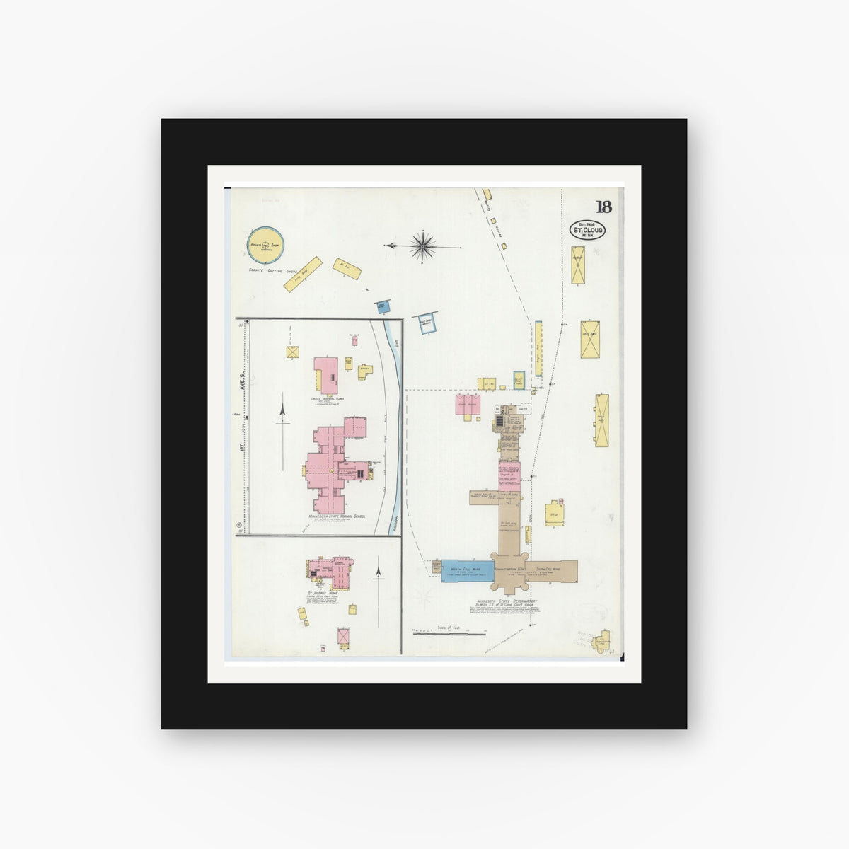 Old map wall art mockup — black gallery frame with white mat — Sanborn Fire Insurance Map from Saint Cloud, Stearns, Benton, and Sherburne Counties, Minnesota (1904), Sheet #0018
