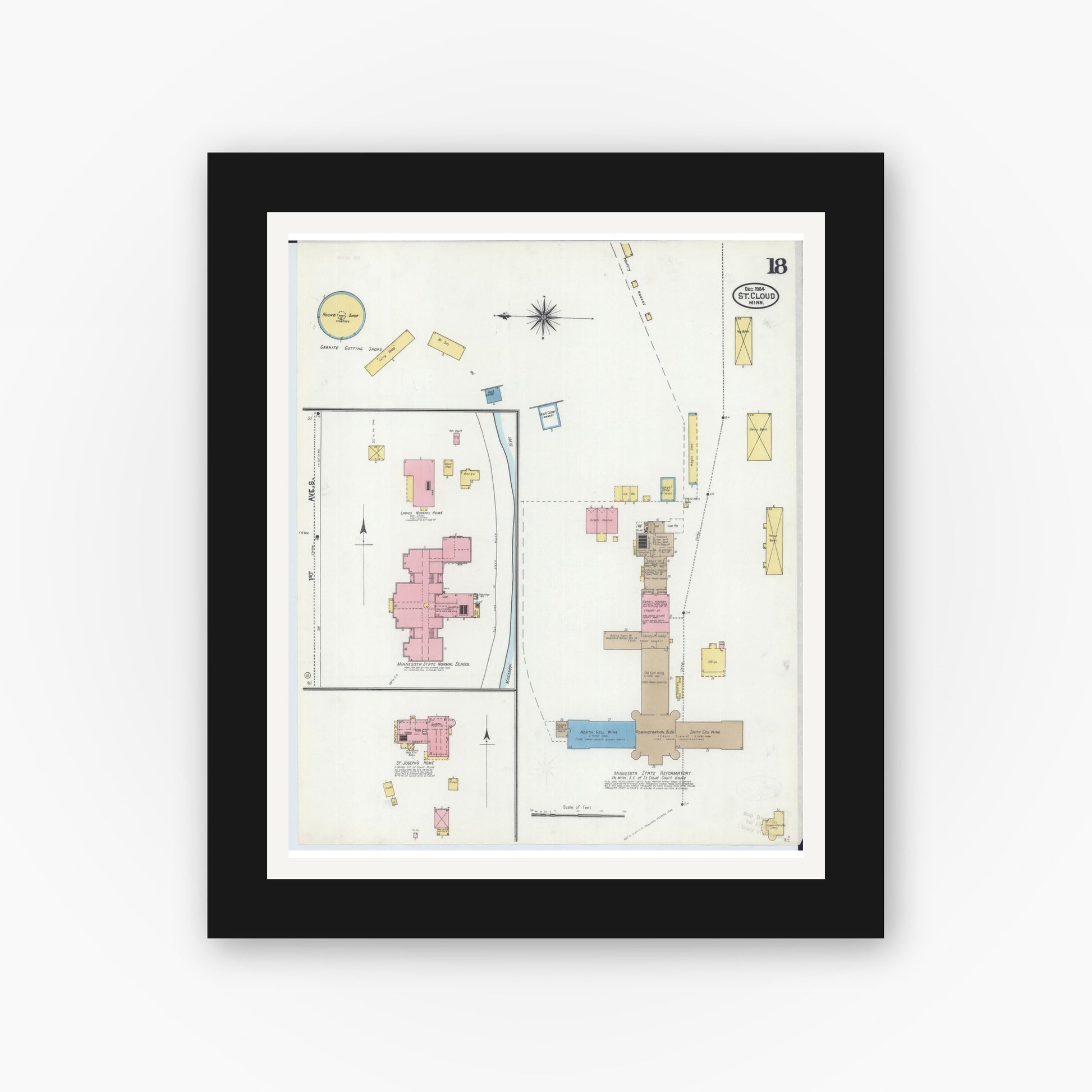 Old map wall art mockup — black gallery frame with white mat — Sanborn Fire Insurance Map from Saint Cloud, Stearns, Benton, and Sherburne Counties, Minnesota (1904), Sheet #0018