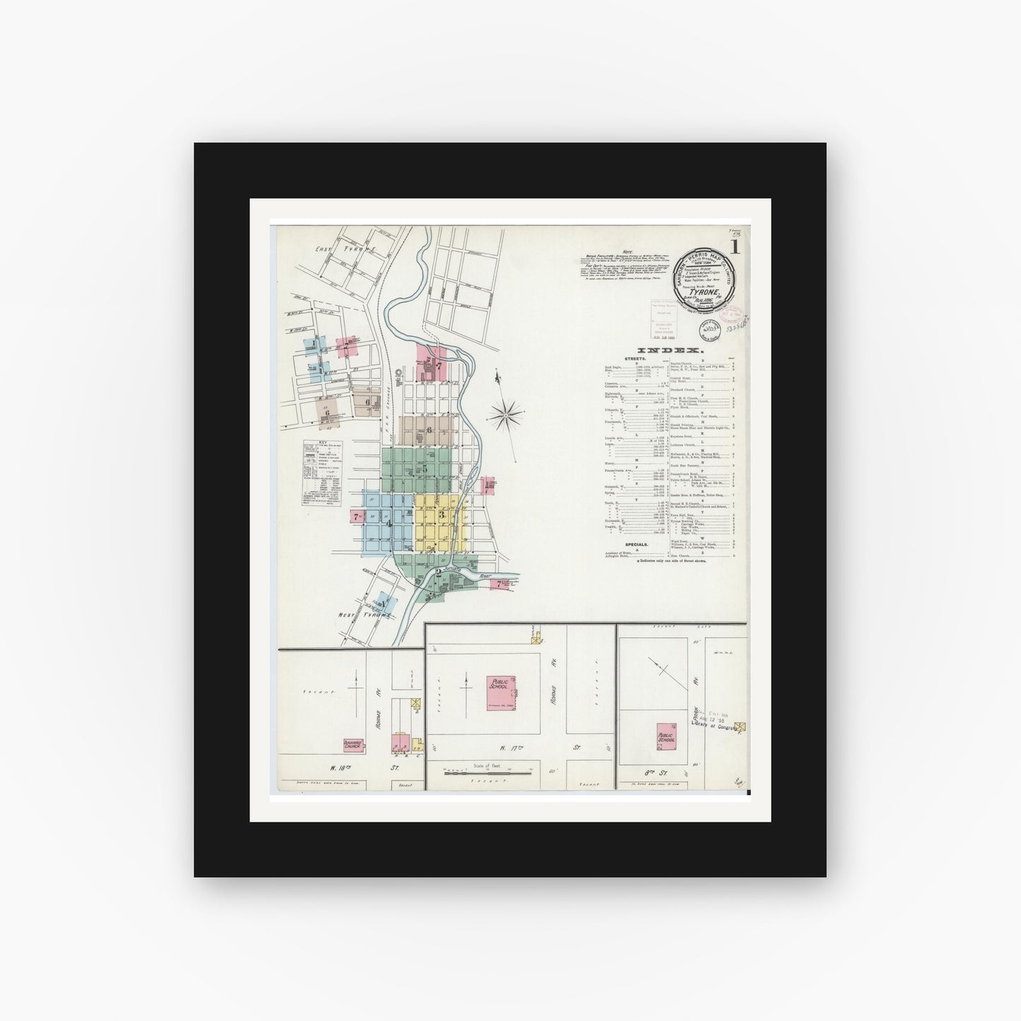 Old map wall art mockup — black gallery frame with white mat — Sanborn Fire Insurance Map from Tyrone, Blair County, Pennsylvania (1896), Sheet #0001