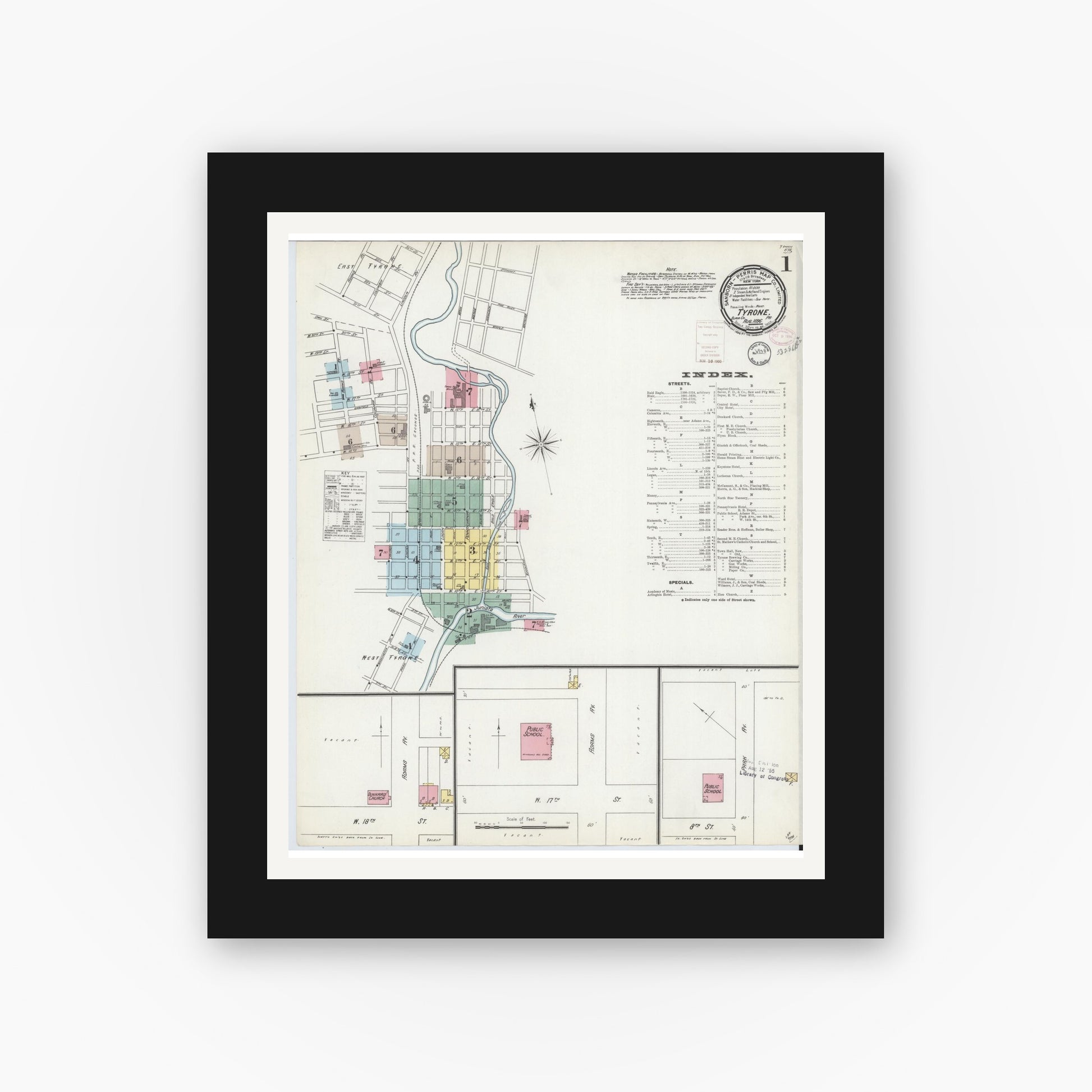 Old map wall art mockup — black gallery frame with white mat — Sanborn Fire Insurance Map from Tyrone, Blair County, Pennsylvania (1896), Sheet #0001