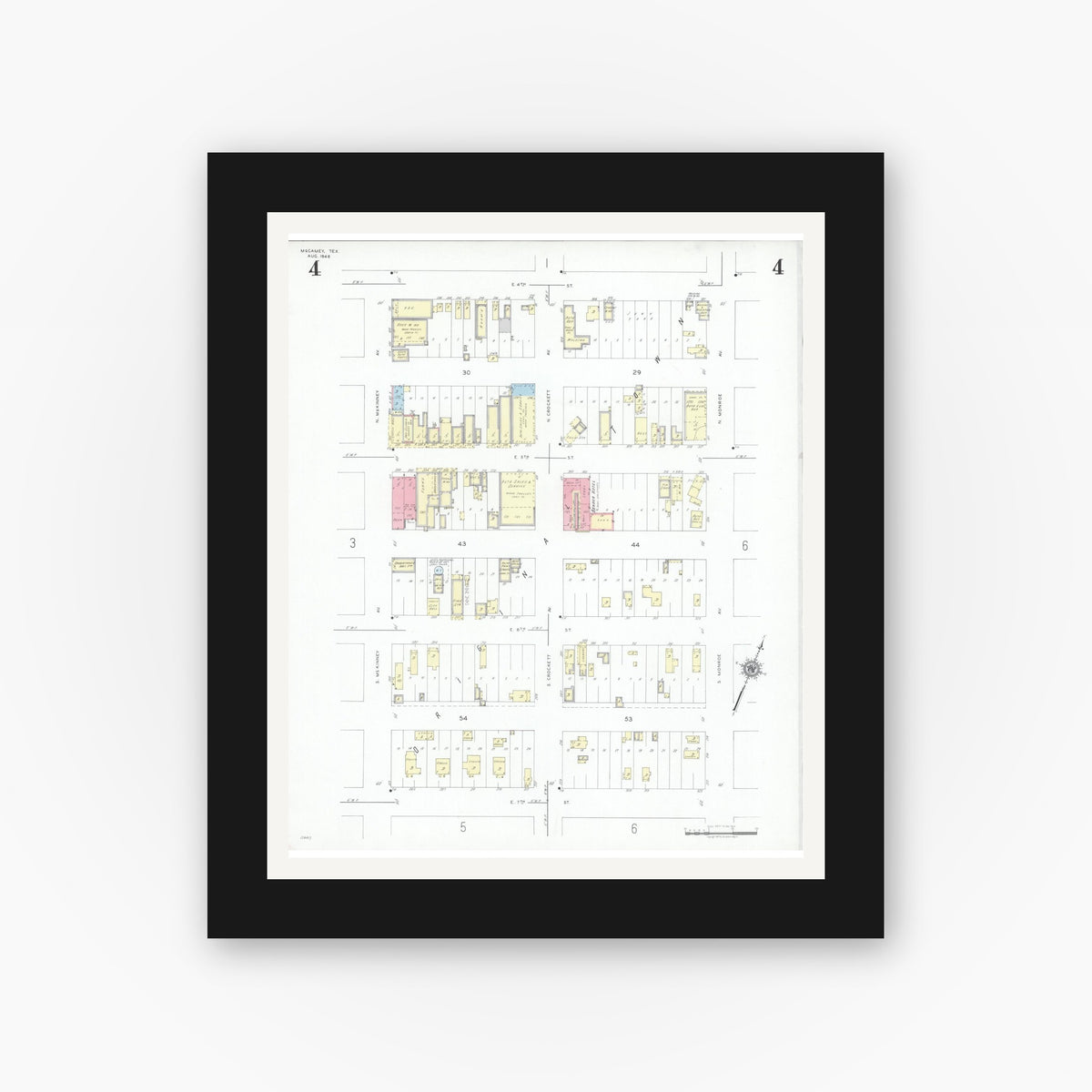 Old map wall art mockup — black gallery frame with white mat — Sanborn Fire Insurance Map from McCamey, Upton County, Texas (1946), Sheet #0004