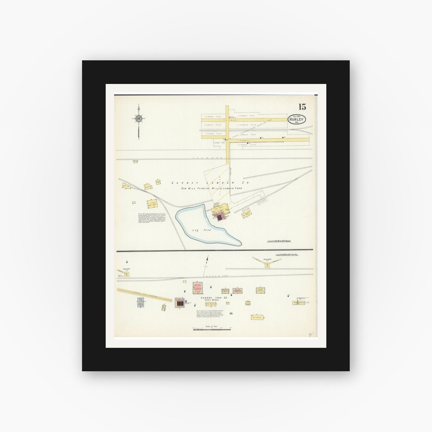 Old map wall art mockup — black gallery frame with white mat — Sanborn Fire Insurance Map from Hurley, Iron County, Wisconsin (1913), Sheet #0015