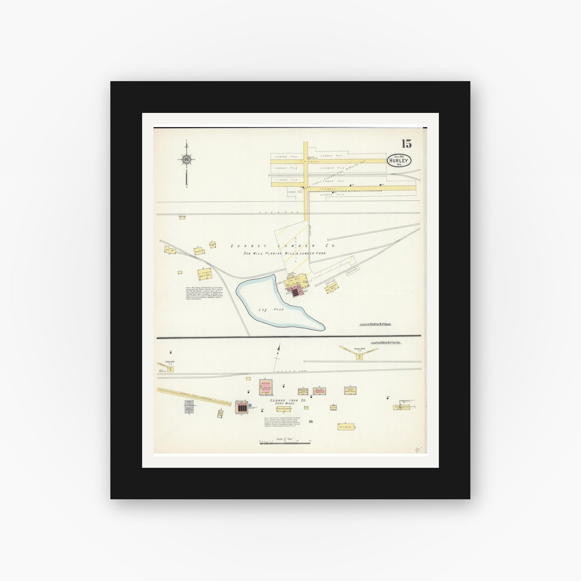 Old map wall art mockup — black gallery frame with white mat — Sanborn Fire Insurance Map from Hurley, Iron County, Wisconsin (1913), Sheet #0015