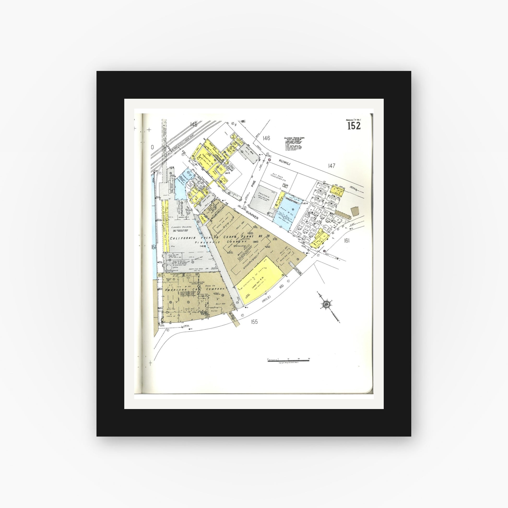 Old map wall art mockup — black gallery frame with white mat — Sanborn Fire Insurance Map from Honolulu, Oahu County, Hawaii (1955), Sheet #0152