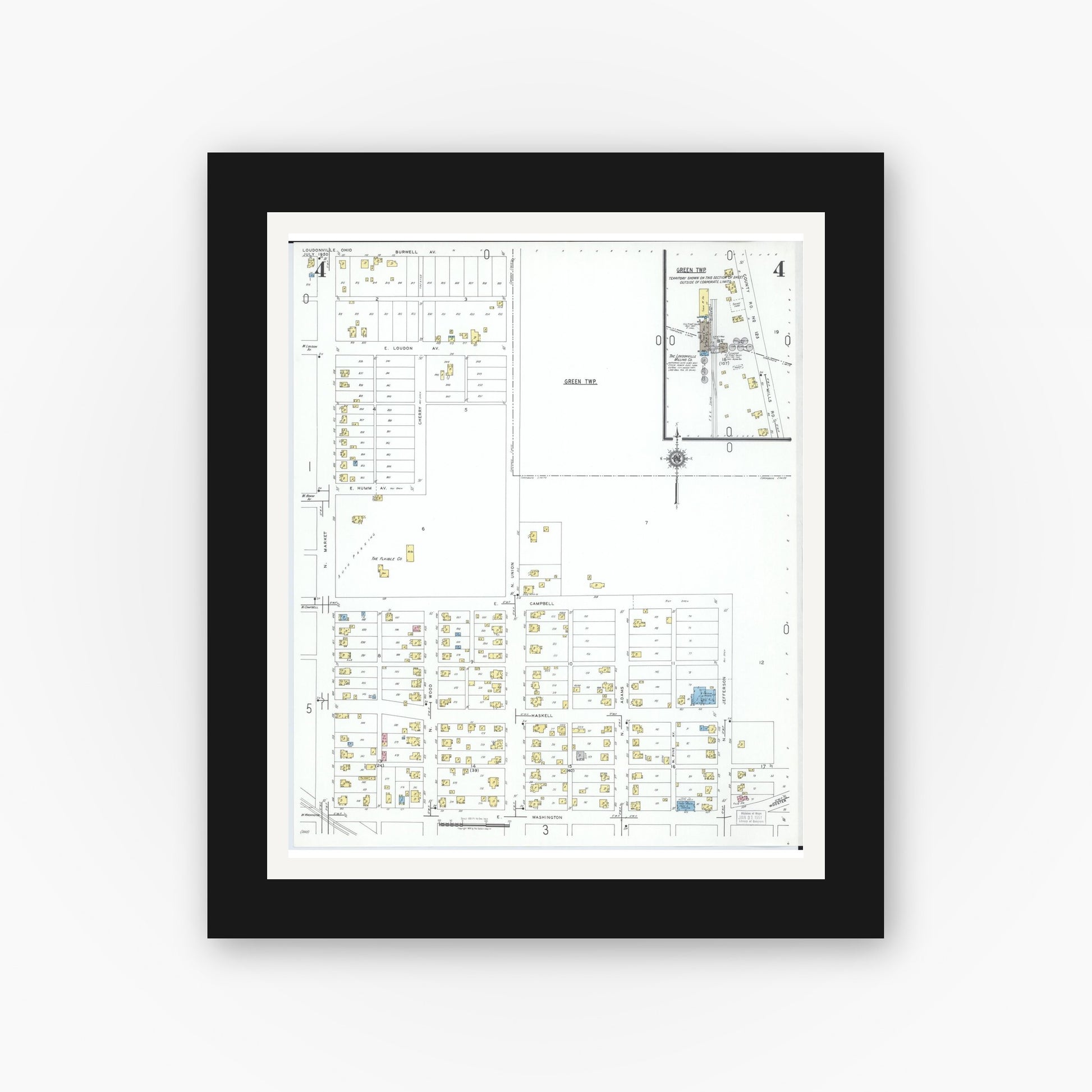 Old map wall art mockup — black gallery frame with white mat — Sanborn Fire Insurance Map from Loudonville, Ashland County, Ohio (1950), Sheet #0004