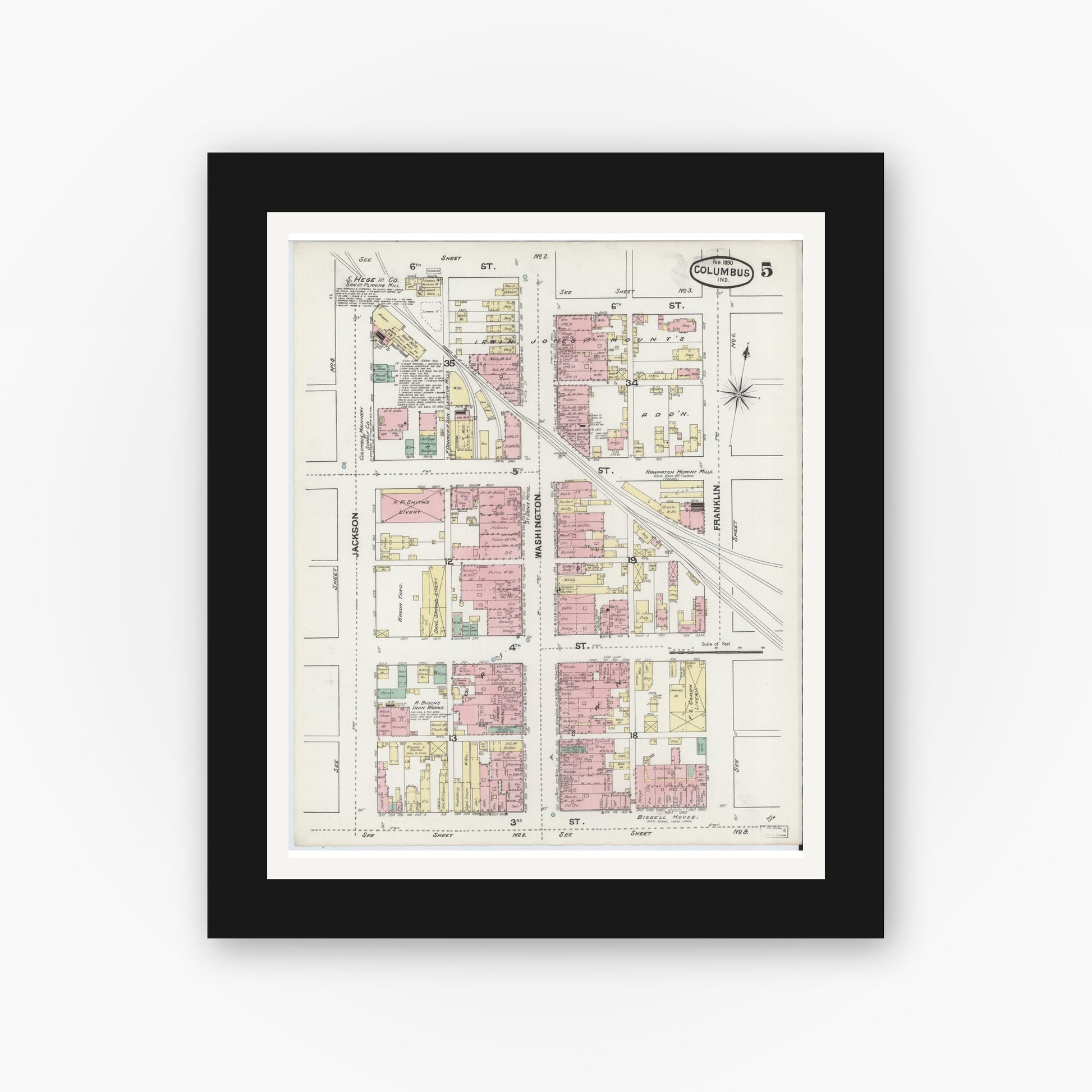 Old map wall art mockup — black gallery frame with white mat — Sanborn Fire Insurance Map from Columbus, Bartholomew County, Indiana (1890), Sheet #0005