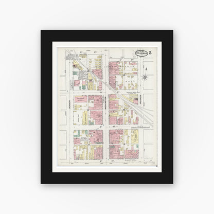 Old map wall art mockup — black gallery frame with white mat — Sanborn Fire Insurance Map from Columbus, Bartholomew County, Indiana (1890), Sheet #0005