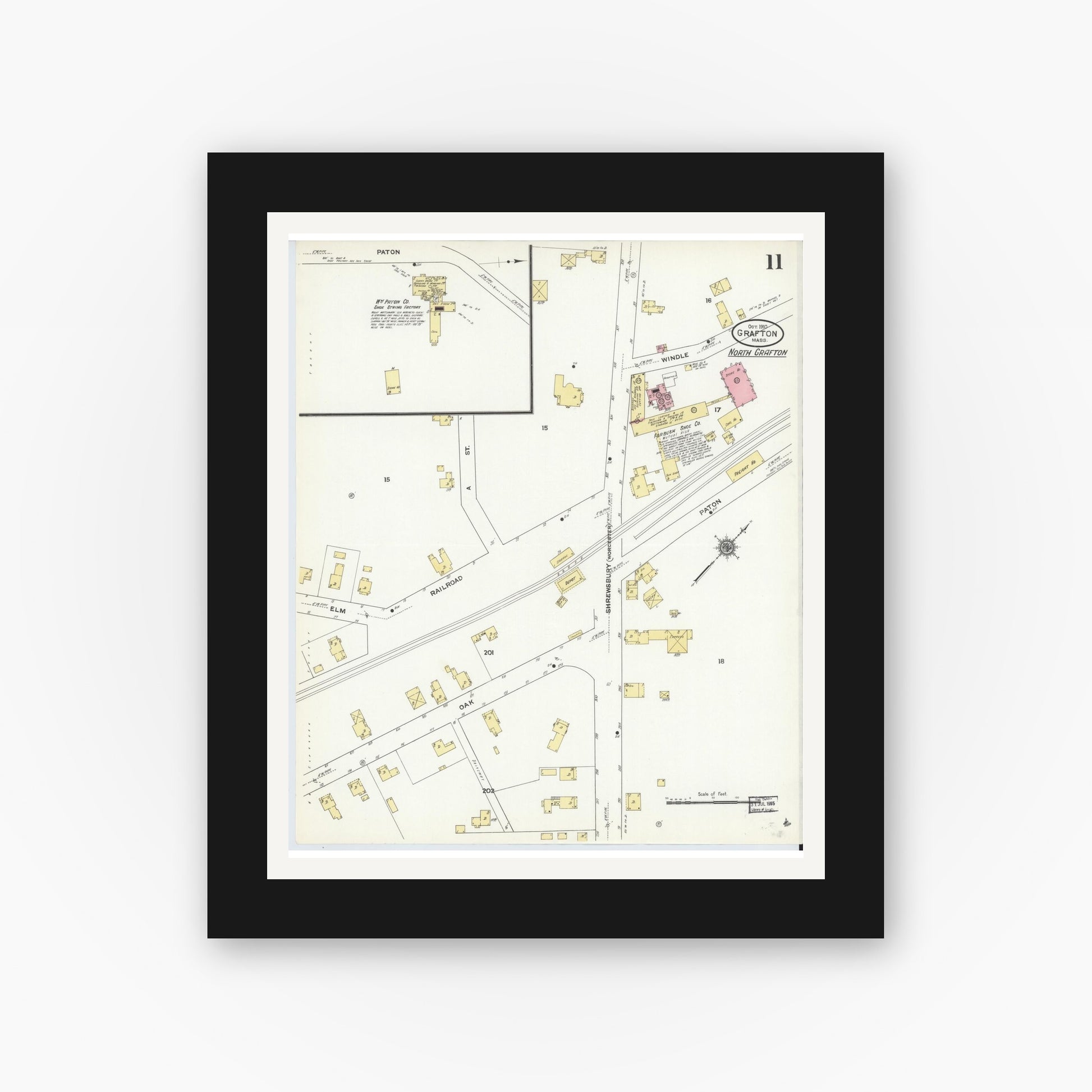 Old map wall art mockup — black gallery frame with white mat — Sanborn Fire Insurance Map from Grafton, Worcester County, Massachusetts (1910), Sheet #0011
