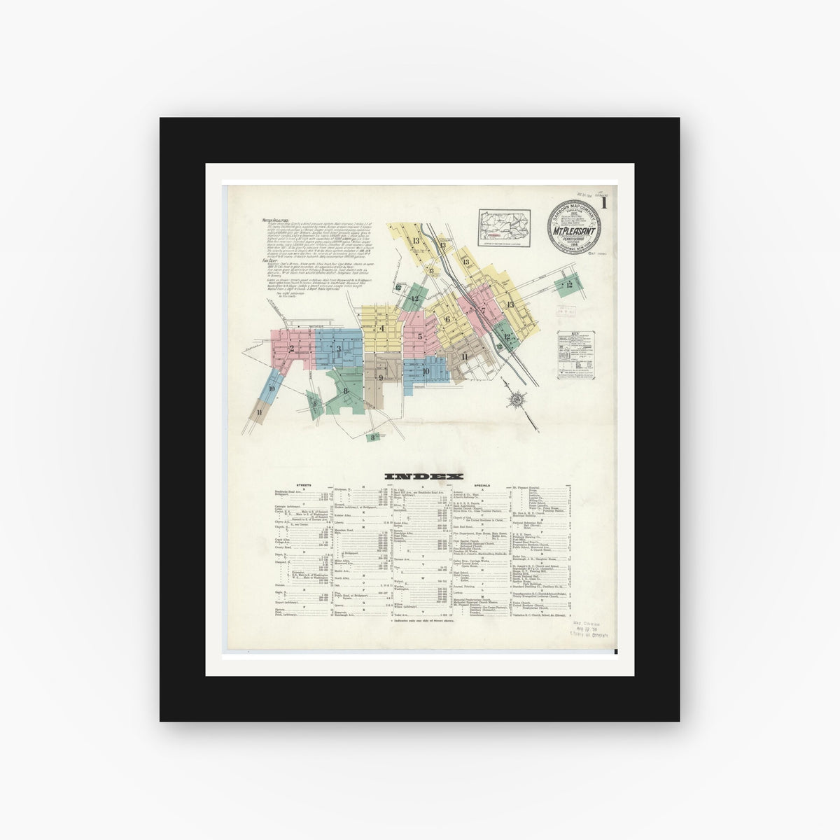 Old map wall art mockup — black gallery frame with white mat — Sanborn Fire Insurance Map from Mount Pleasant, Westmoreland County, Pennsylvania (1914) - Complete Map Set