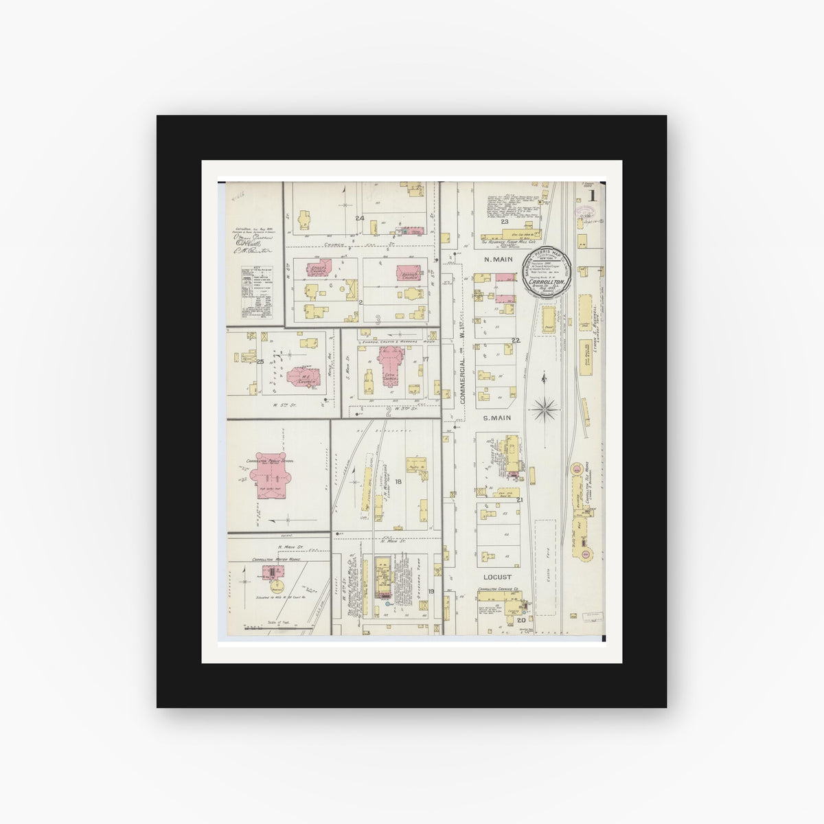 Old map wall art mockup — black gallery frame with white mat — Sanborn Fire Insurance Map from Carrollton, Greene County, Illinois (1893), Sheet #0001