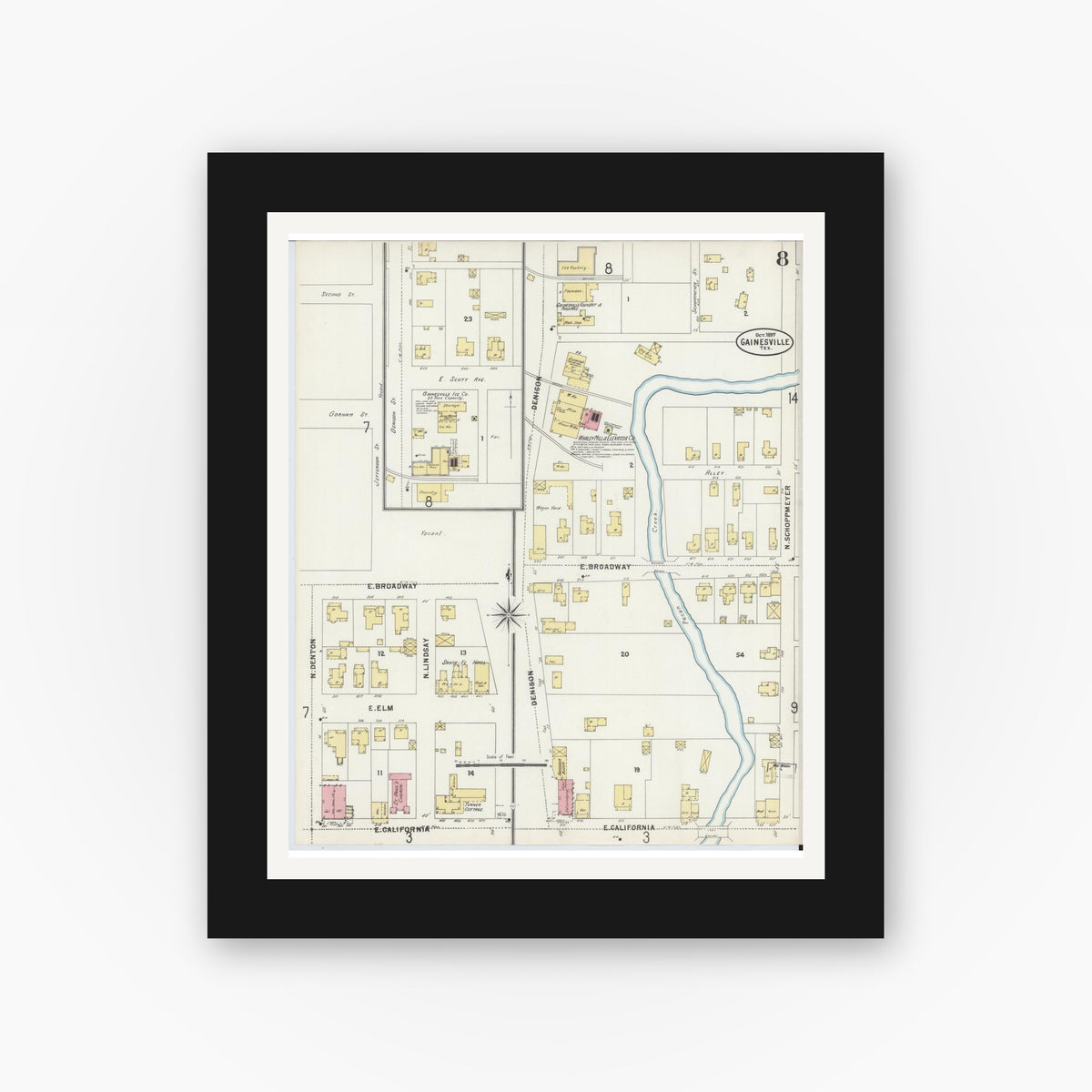 Old map wall art mockup — black gallery frame with white mat — Sanborn Fire Insurance Map from Gainesville, Cooke County, Texas (1897), Sheet #0008