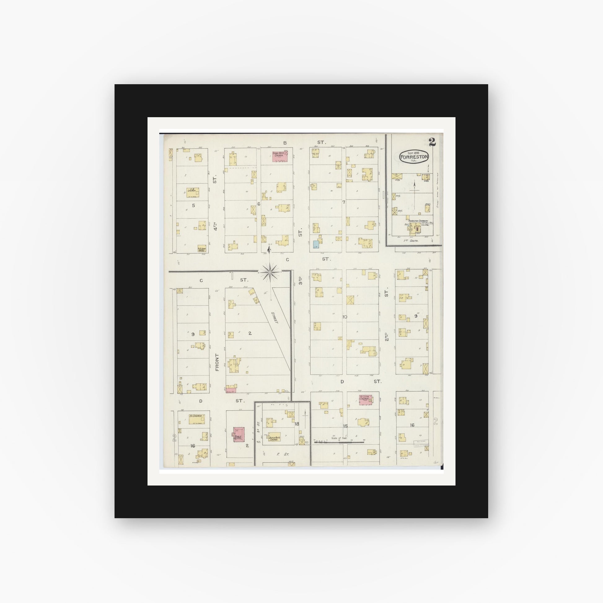 Old map wall art mockup — black gallery frame with white mat — Sanborn Fire Insurance Map from Forreston, Ogle County, Illinois (1893), Sheet #0002