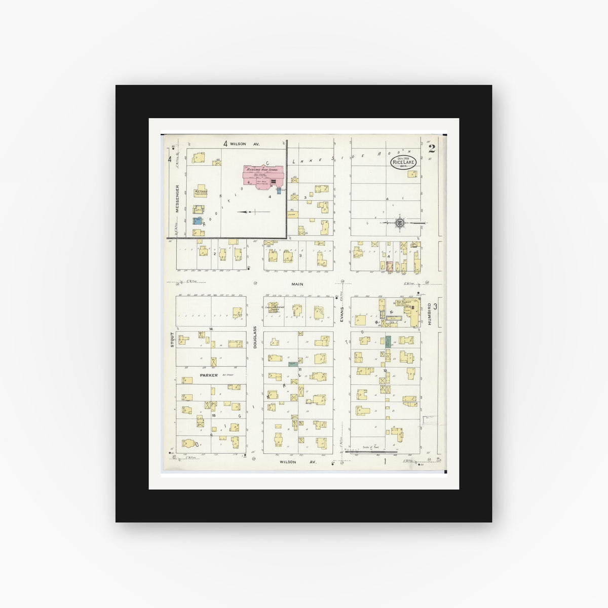 Old map wall art mockup — black gallery frame with white mat — Sanborn Fire Insurance Map from Rice Lake, Barron County, Wisconsin (1909), Sheet #0002