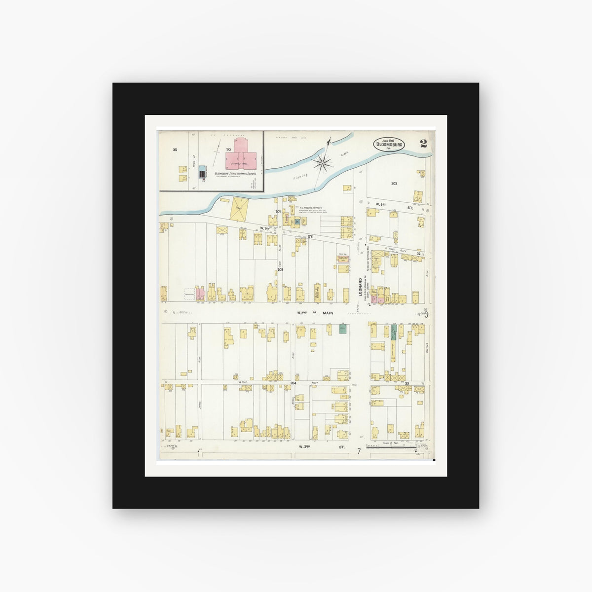 Old map wall art mockup — black gallery frame with white mat — Sanborn Fire Insurance Map from Bloomsburg, Columbia County, Pennsylvania (1907), Sheet #0002