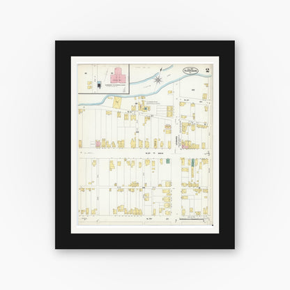 Old map wall art mockup — black gallery frame with white mat — Sanborn Fire Insurance Map from Bloomsburg, Columbia County, Pennsylvania (1907), Sheet #0002