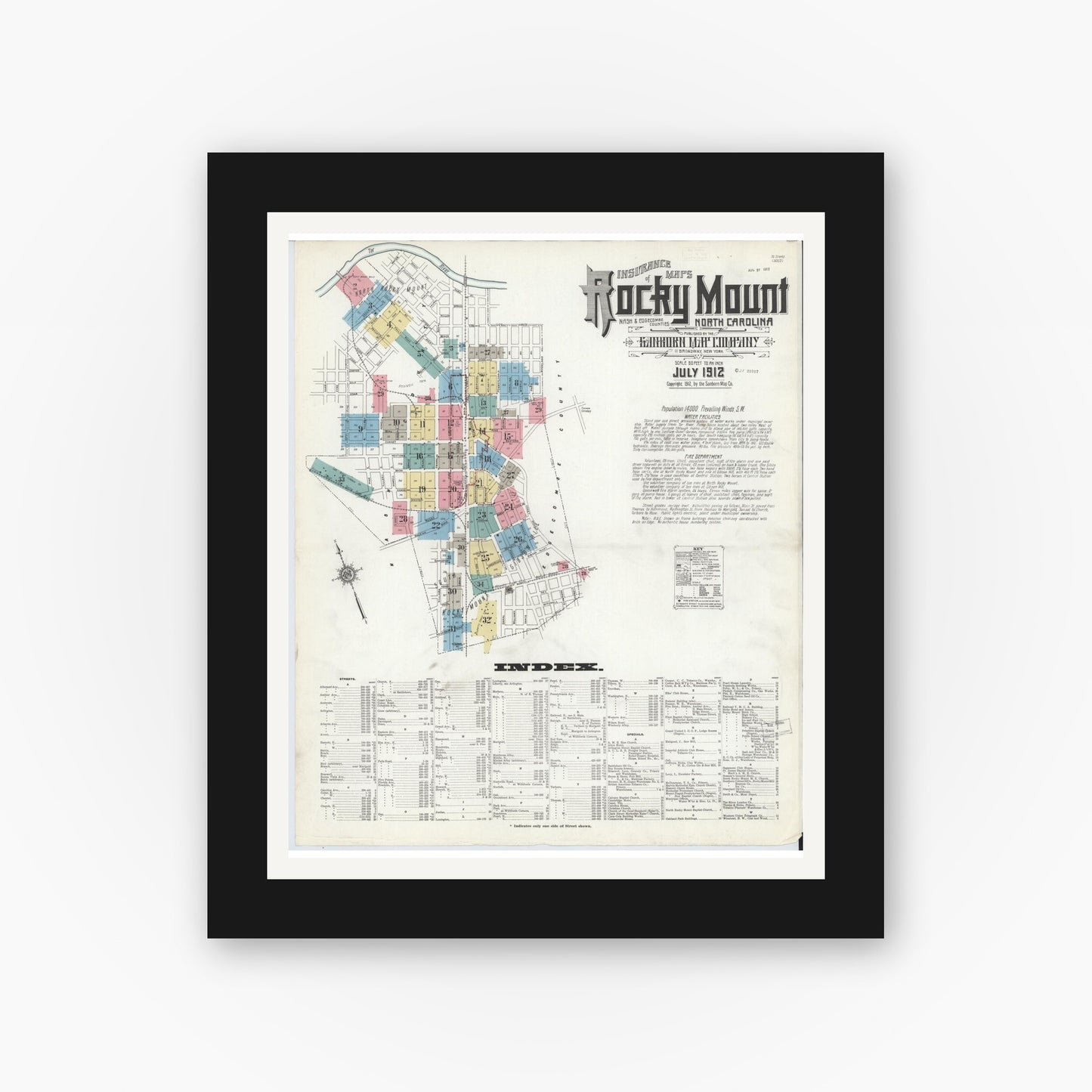 Old map wall art mockup — black gallery frame with white mat — Sanborn Fire Insurance Map from Rocky Mount, Edgecombe And Nash Counties, North Carolina (1912), Sheet #0001