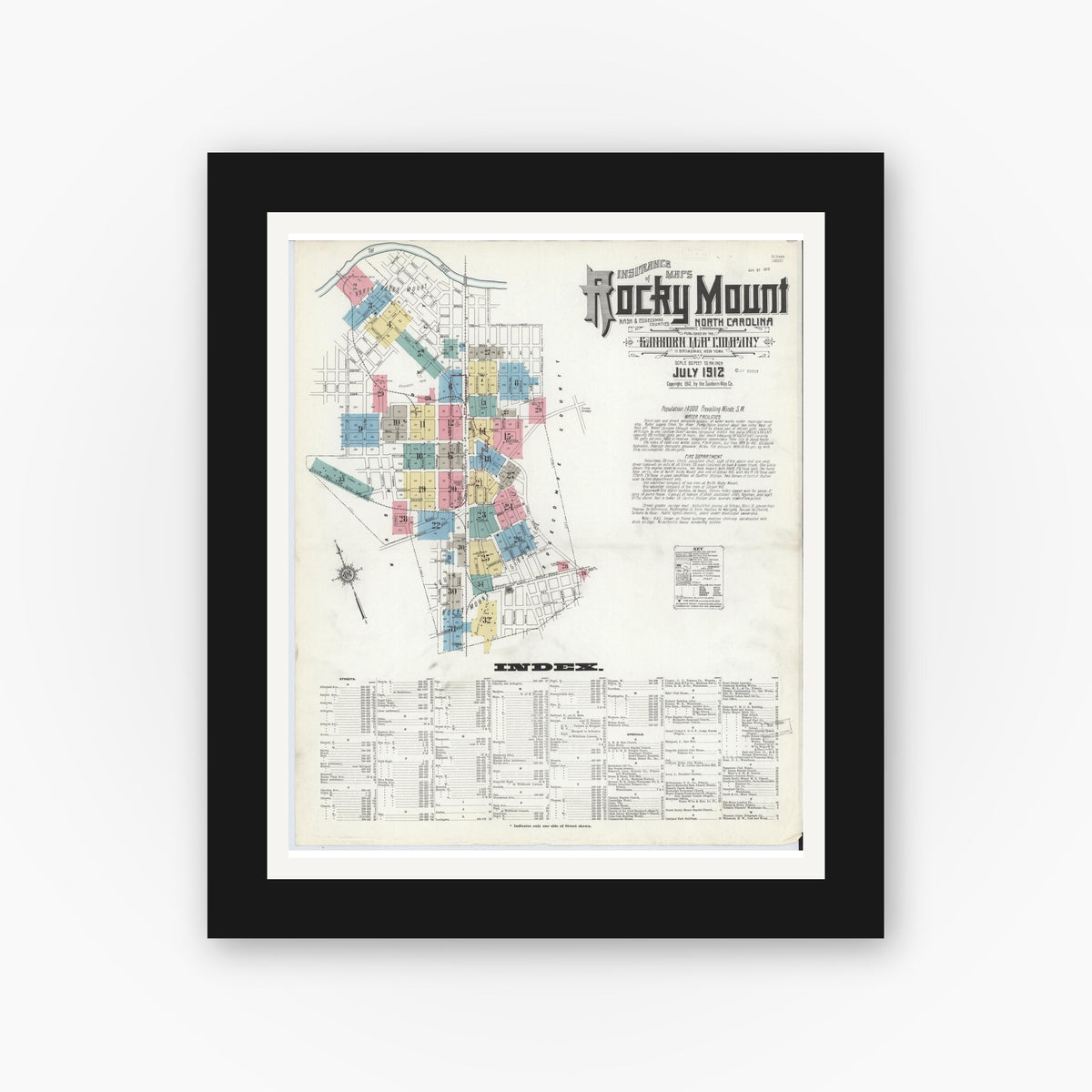Old map wall art mockup — black gallery frame with white mat — Sanborn Fire Insurance Map from Rocky Mount, Edgecombe And Nash Counties, North Carolina (1912), Sheet #0001