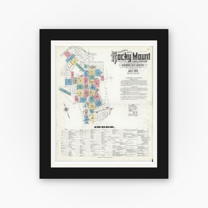 Old map wall art mockup — black gallery frame with white mat — Sanborn Fire Insurance Map from Rocky Mount, Edgecombe And Nash Counties, North Carolina (1912), Sheet #0001