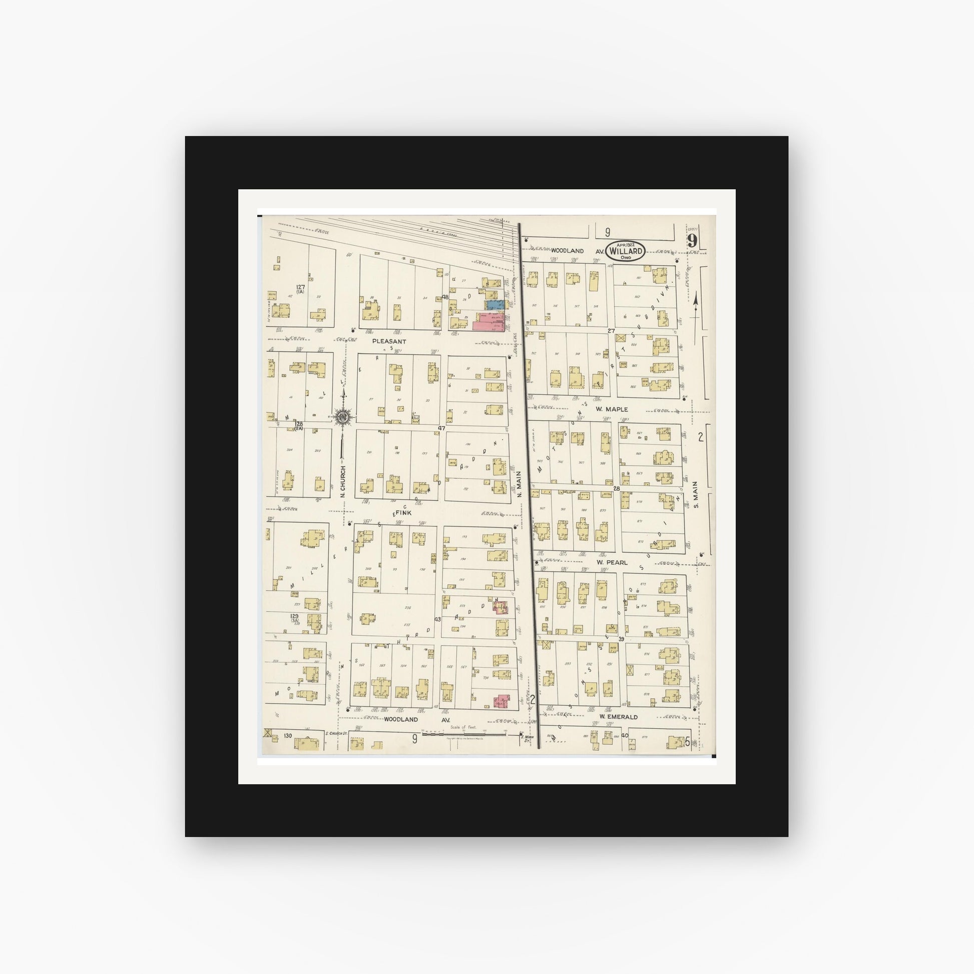 Old map wall art mockup — black gallery frame with white mat — Sanborn Fire Insurance Map from Willard, Huron County, Ohio (1922), Sheet #0009