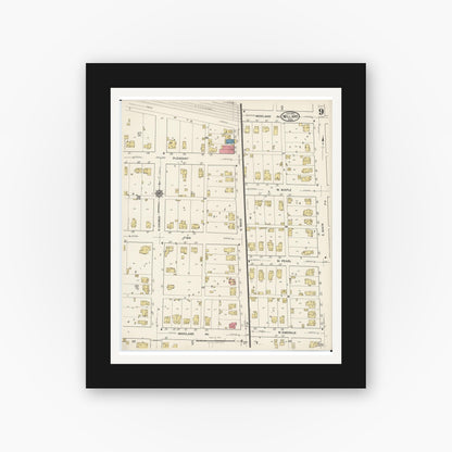 Old map wall art mockup — black gallery frame with white mat — Sanborn Fire Insurance Map from Willard, Huron County, Ohio (1922), Sheet #0009