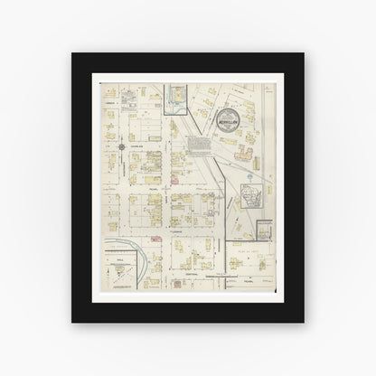 Old map wall art mockup — black gallery frame with white mat — Sanborn Fire Insurance Map from Merrillan, Jackson County, Wisconsin (1914), Sheet #0001