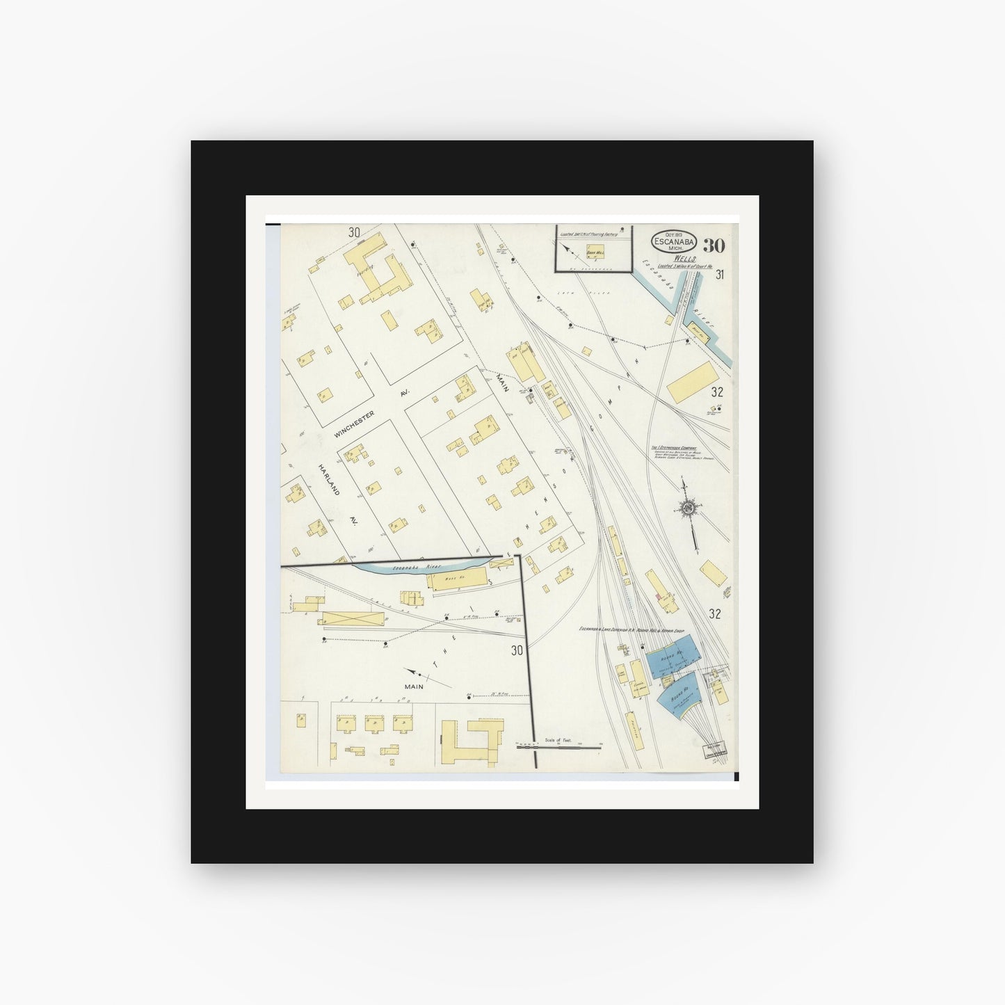 Old map wall art mockup — black gallery frame with white mat — Sanborn Fire Insurance Map from Escanaba, Delta County, Michigan (1913), Sheet #0030