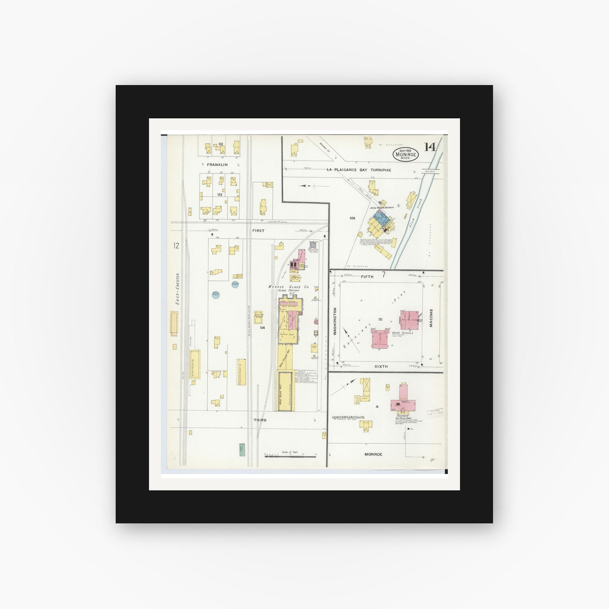 Old map wall art mockup — black gallery frame with white mat — Sanborn Fire Insurance Map from Monroe, Monroe County, Michigan (1908), Sheet #0014