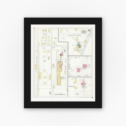 Old map wall art mockup — black gallery frame with white mat — Sanborn Fire Insurance Map from Monroe, Monroe County, Michigan (1908), Sheet #0014