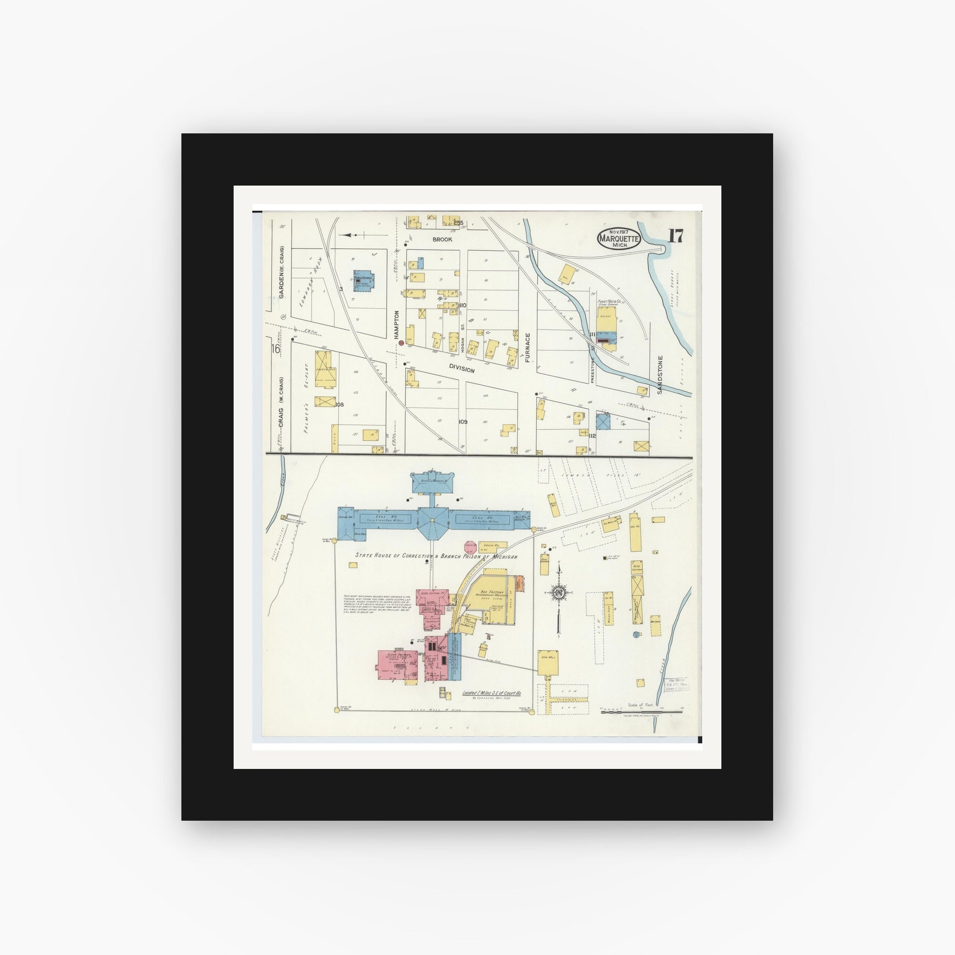 Old map wall art mockup — black gallery frame with white mat — Sanborn Fire Insurance Map from Marquette, Marquette County, Michigan (1917), Sheet #0017