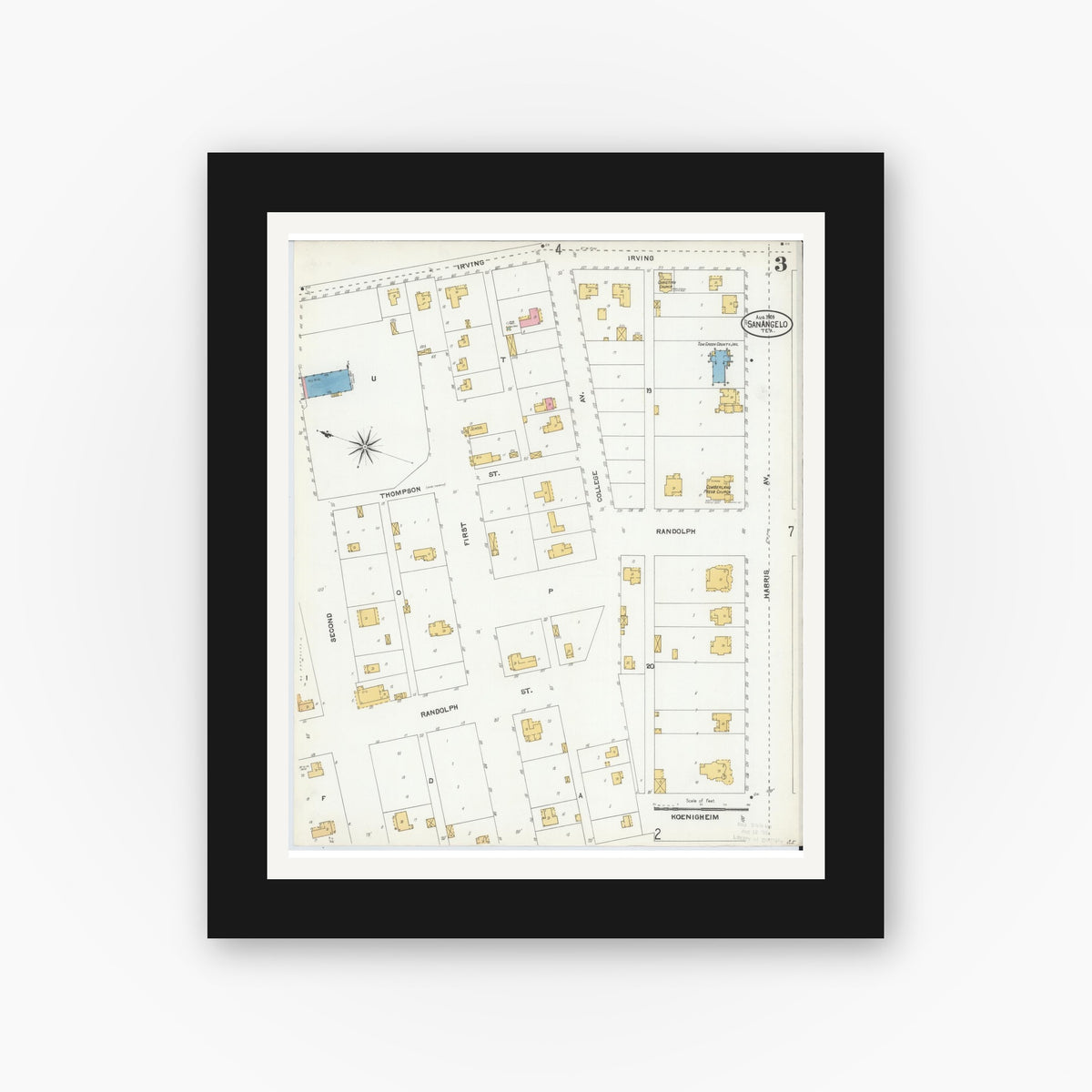 Old map wall art mockup — black gallery frame with white mat — Sanborn Fire Insurance Map from San Angelo, Tom Green County, Texas (1904), Sheet #0003