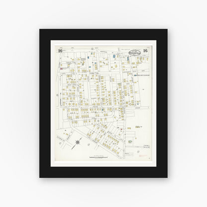 Old map wall art mockup — black gallery frame with white mat — Sanborn Fire Insurance Map from Merchantville, Camden County, New Jersey (1925), Sheet #0016