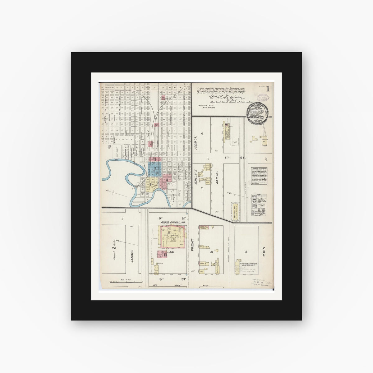 Old map wall art mockup — black gallery frame with white mat — Sanborn Fire Insurance Map from Moorhead, Clay County, Minnesota (1884), Sheet #0001